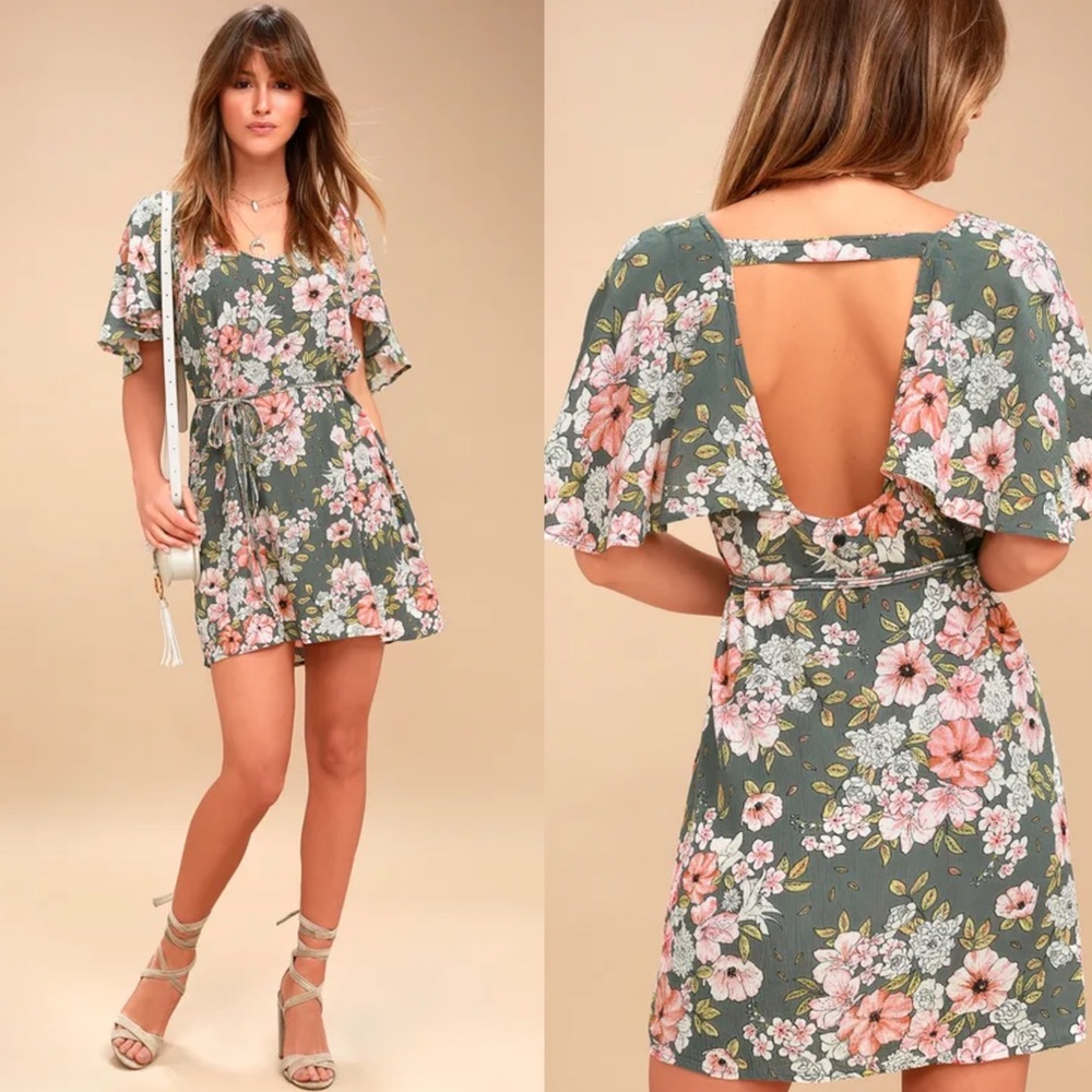 NWT Billabong Fine Flutter Sage Green Floral Print Mini Dress Boho